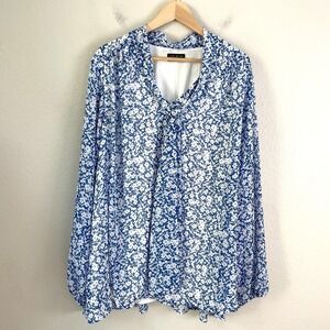 Lane Bryant Womens Plus 30/32 Blue Floral Front Tie Neck Blouse Long Sleeve Top